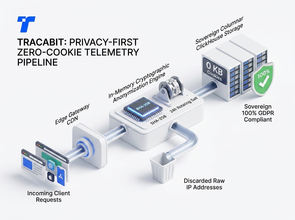 VPC deployment topology diagram showing Tracabit ingestion node inside customer's private cloud, heartbeat-only egress, ClickHouse storage, clean infrastructure illustration with blue and white elements