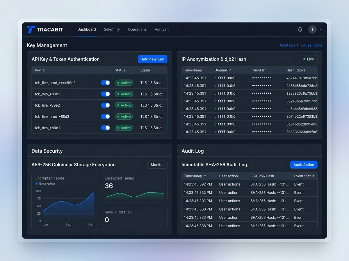 Security architecture illustration showing encrypted data flow from browser through API key authentication to storage, padlock and shield icons, privacy-first analytics, clean vector style with blue and white