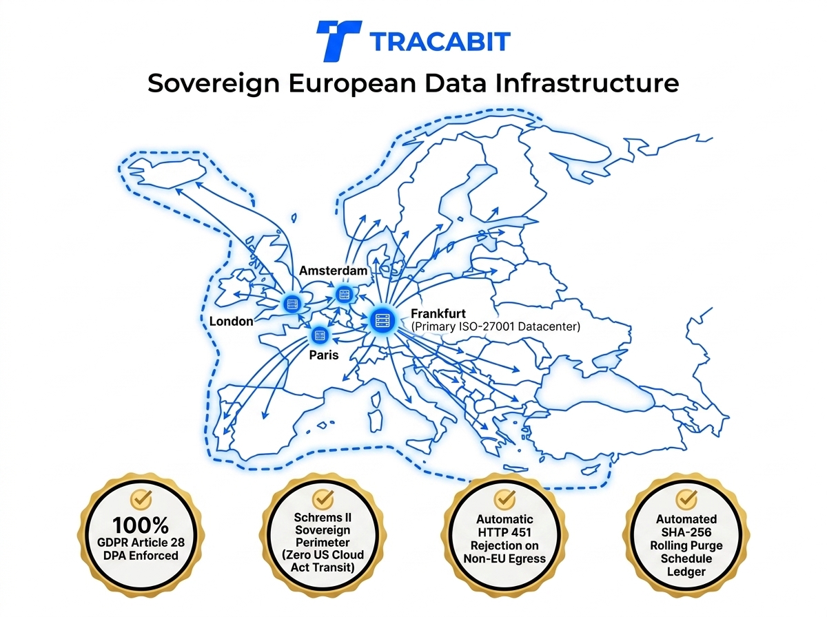 EU data residency flow diagram with Frankfurt server location, GDPR article references, data flow arrows staying within European borders, blue and white geographic illustration