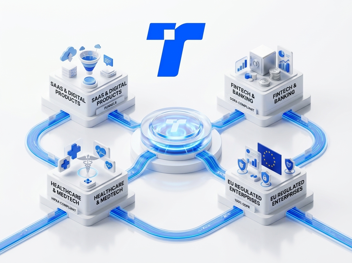 Four vertical segments illustration showing SaaS, fintech, healthcare, and regulated industries connected to a central privacy-first analytics hub, clean vector style with blue accents